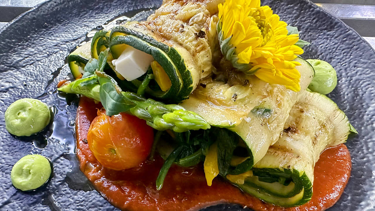 Zucchini Roll stuffed with tofu and roasted peppers and spinach&nbsp;